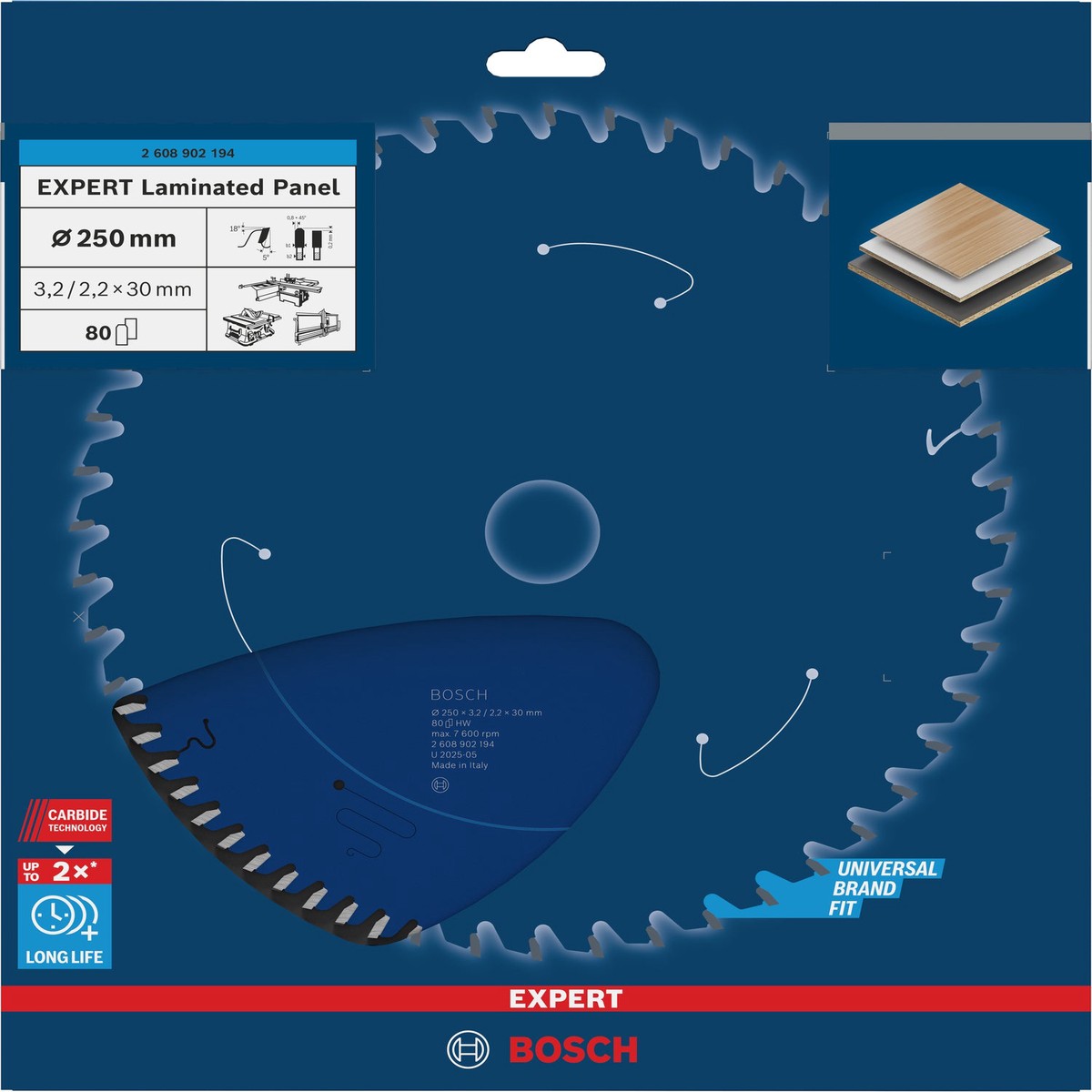 Discos para serras circulares. Bosch Accessories (Lmina de serra circular EXPERT Laminated Panel, 250 x 3,2/2,2 x 30mm, T80)