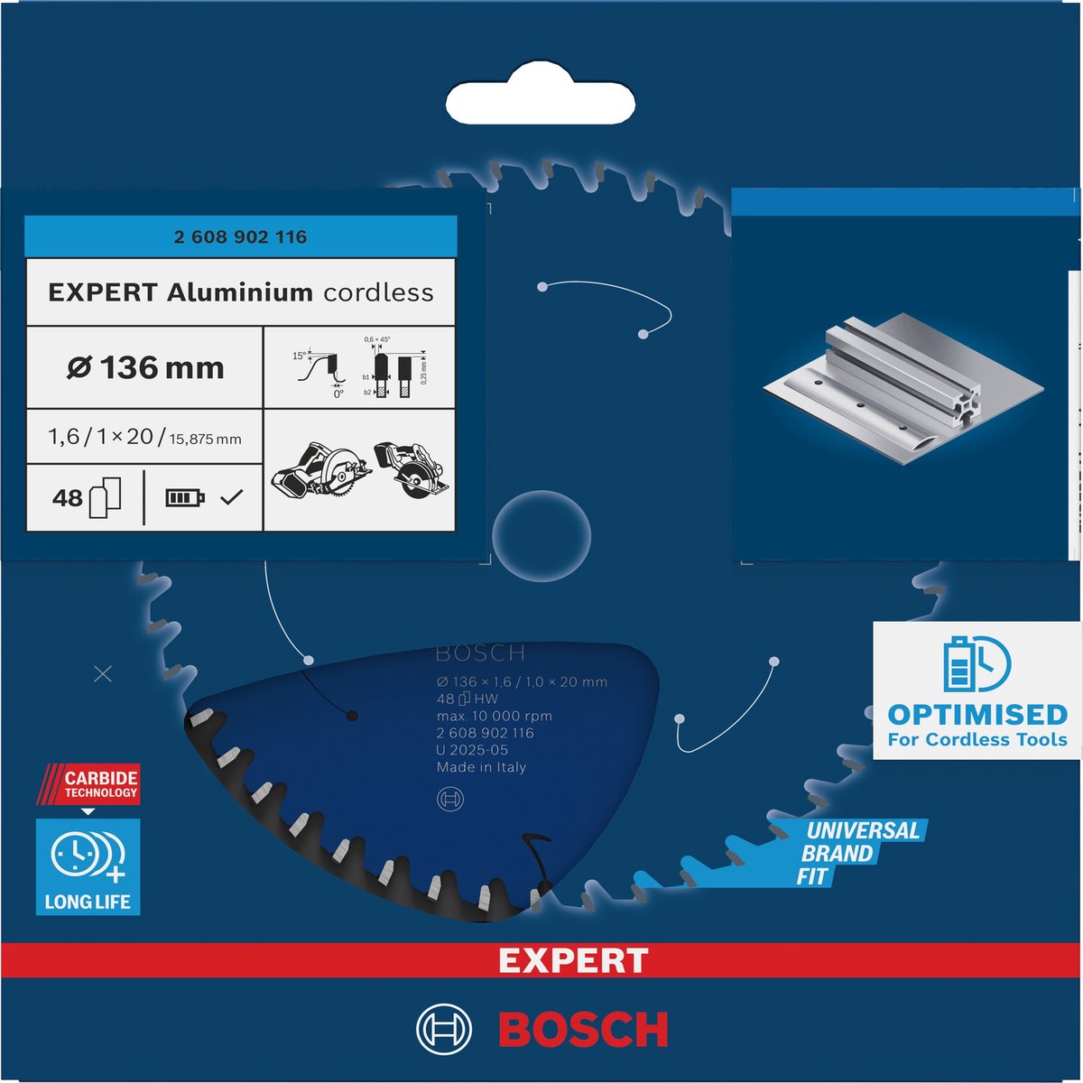 Discos para serras circulares. Bosch Accessories (Lmina de serra sem fios circular EXPERT Aluminium cordless, 136 x 1,6/1 x 20 mm, T48)