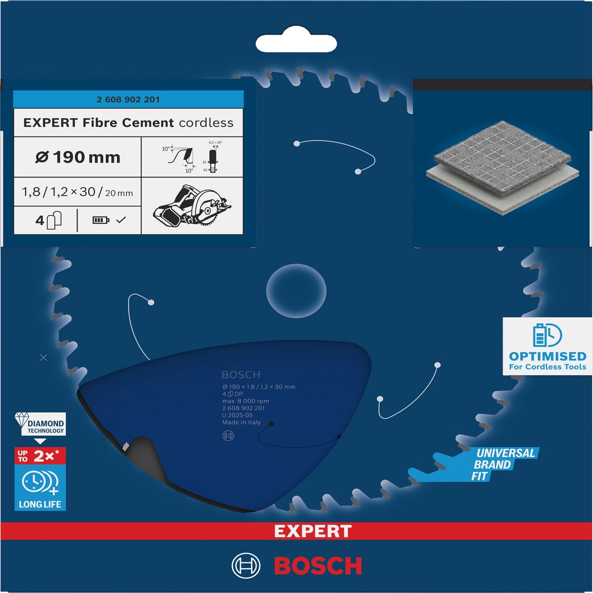 Discos para serras circulares. Bosch Accessories (Lmina de serra sem fios circular EXPERT Fibre Cement cordless, 190 x 1,8/1,2 x 30 mm, T4)