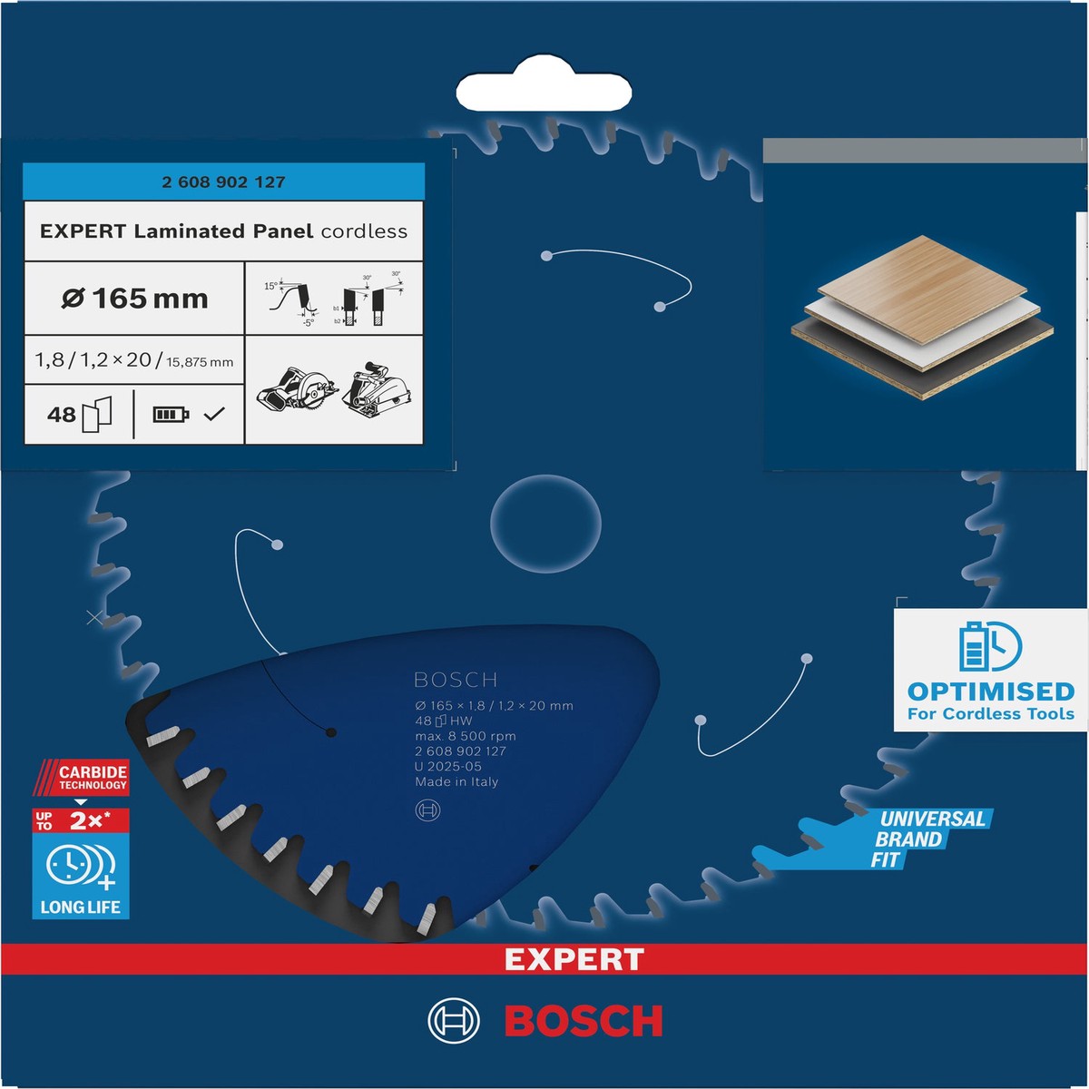 Discos para serras circulares. Bosch Accessories (Lmina de serra sem fios circular EXPERT Laminated Panel cordless, 165 x 1,8/1,2 x 20mm, T48)