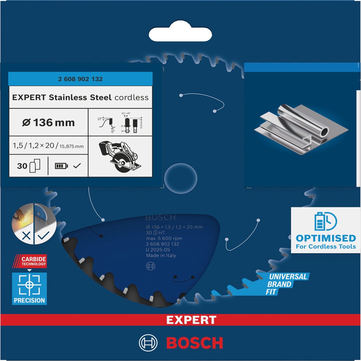 Discos para serras circulares. Bosch Accessories (Lmina de serra sem fios circular EXPERT Stainless Steel cordless, 136 x 1,5/1,2 x 20 mm, T30)