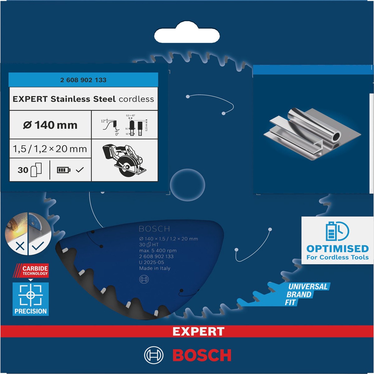 Discos para serras circulares. Bosch Accessories (Lmina de serra sem fios circular EXPERT Stainless Steel cordless, 140 x 1,5/1,2 x 20 mm, T30)