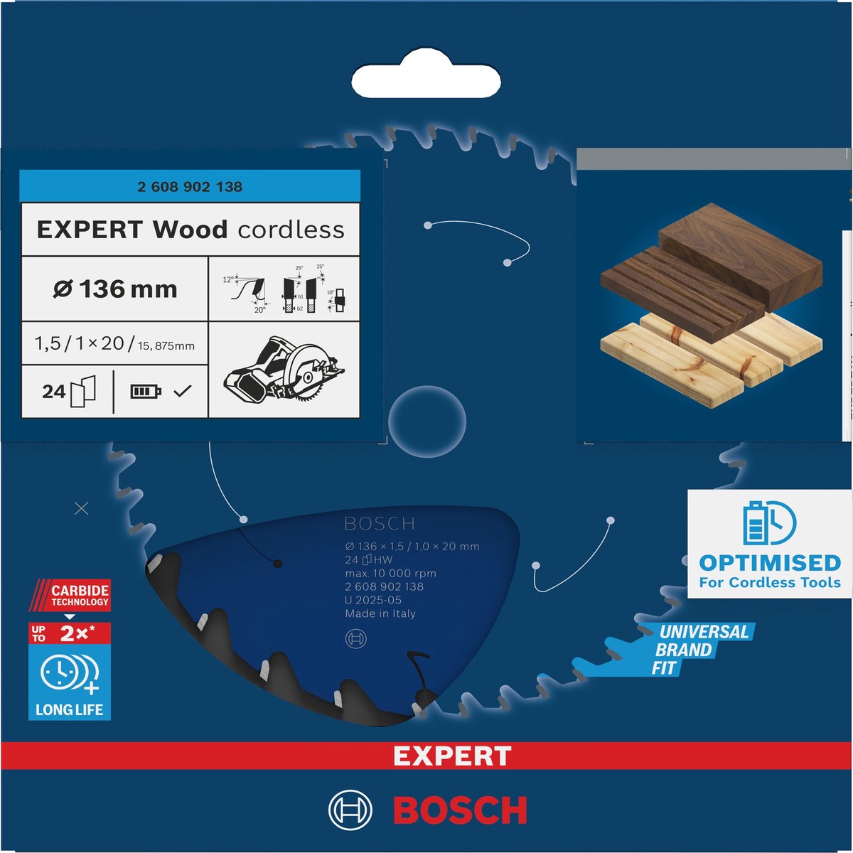 Discos para serras circulares. Bosch Accessories (Lmina de serra sem fios circular EXPERT Wood cordless, 136 x 1,5/1 x 20 mm, T24)