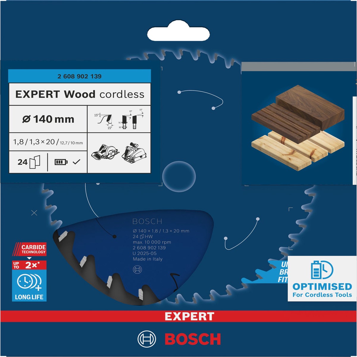 Discos para serras circulares. Bosch Accessories (Lmina de serra sem fios circular EXPERT Wood cordless, 140 x 1,8/1,3 x 20 mm, T24)