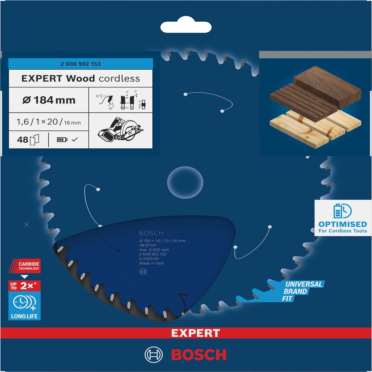 Discos para serras circulares. Bosch Accessories (Lmina de serra sem fios circular EXPERT Wood cordless, 184 x 1,6/1 x 20 mm, T48)