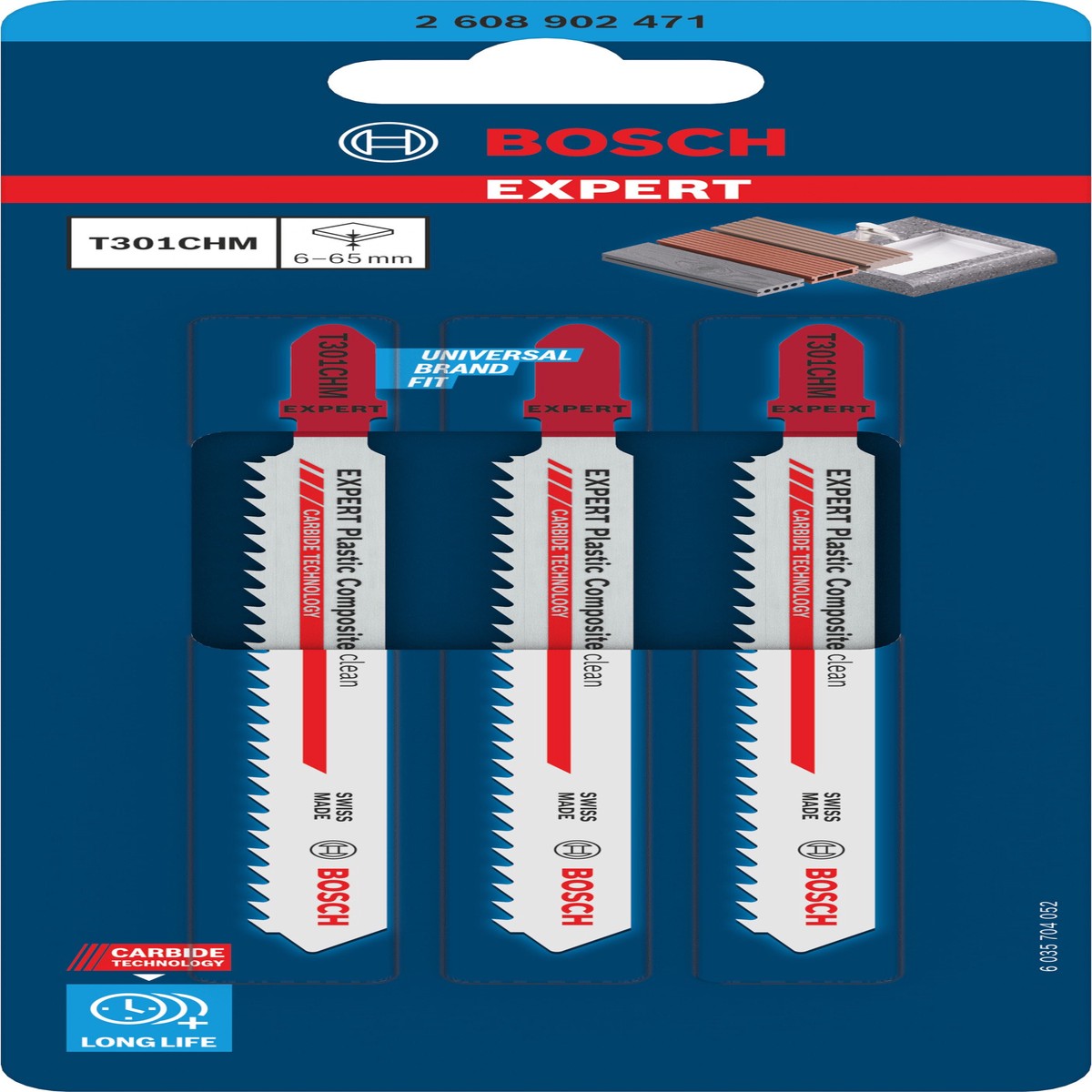 Lminas de serra vertical, plstico Bosch Accessories (Lmina de serra vertical EXPERT Plastic Composites clean T301CHM, 3 unid)