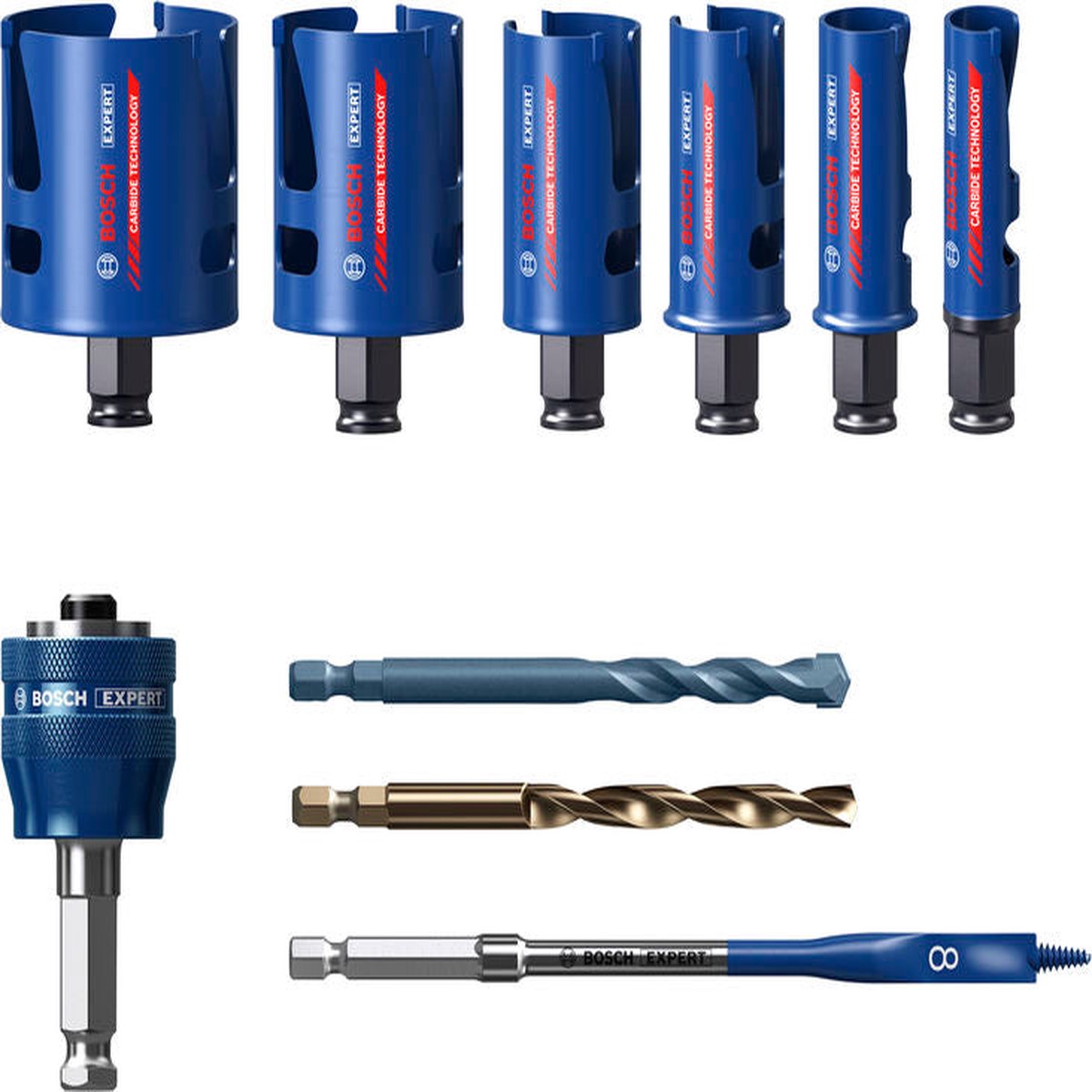 Serras craneanas, conjuntos Bosch Accessories (Conjunto de serras craneanas EXPERT Construction Material Power Change Plus, 20; 25; 32; 38; 51; 64 x 60 mm, 10 unid)
